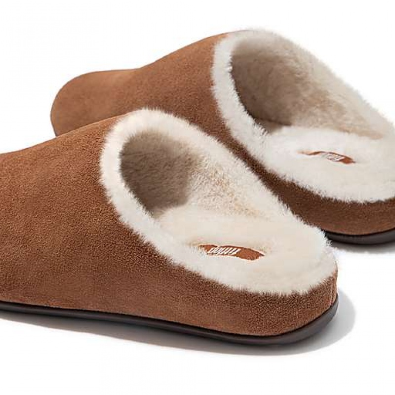 Black / White Women's FitFlop CHRISSIE Shearling Suede Slippers | 1973-NFDWC