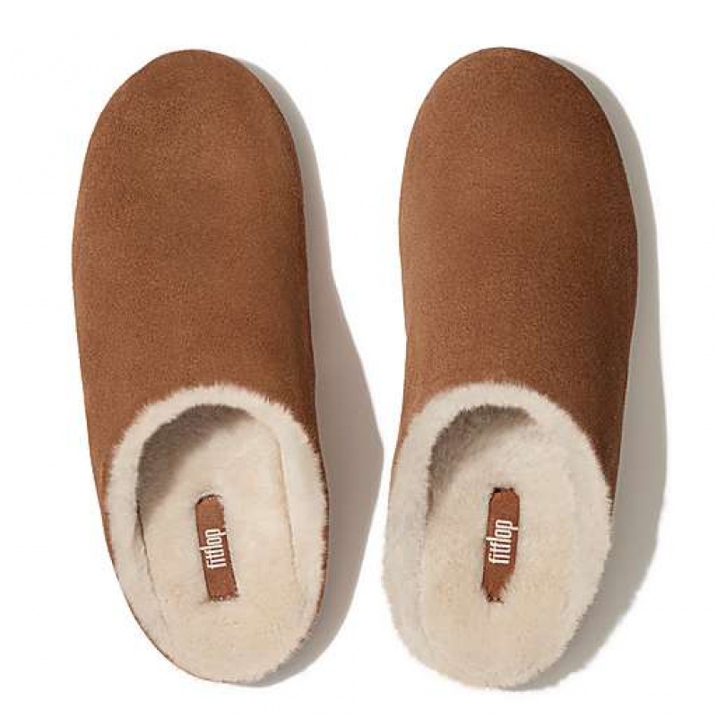 Black / White Women's FitFlop CHRISSIE Shearling Suede Slippers | 1973-NFDWC