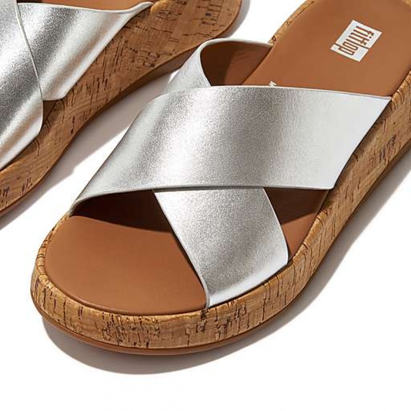 Brown Women's FitFlop F-MODE Metallic Leather/Cork Flatform Cross Slides | 0958-BICOQ