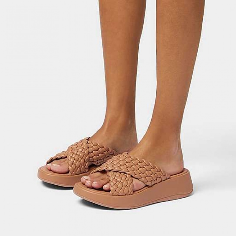 Brown Women's FitFlop F-MODE Woven-Leather Flatform Cross Slides | 6940-WNPXR