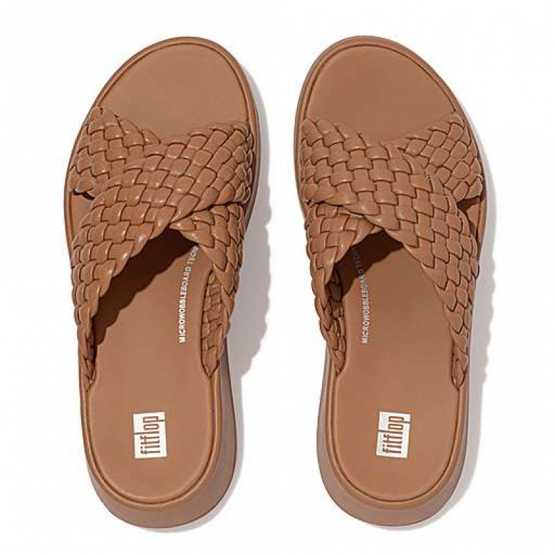 Brown Women's FitFlop F-MODE Woven-Leather Flatform Cross Slides | 6940-WNPXR