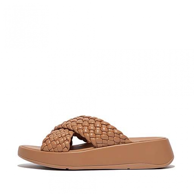 Brown Women\'s FitFlop F-MODE Woven-Leather Flatform Cross Slides | 6940-WNPXR