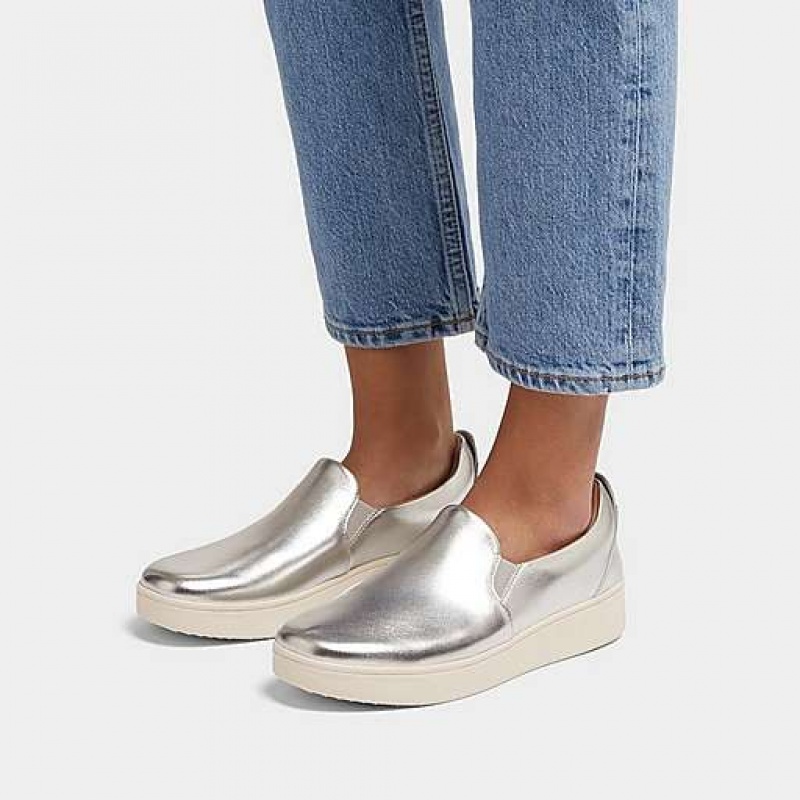 Brown Women's FitFlop RALLY Metallic-Leather Slip-On Skate Sneakers | 3186-YJOVC