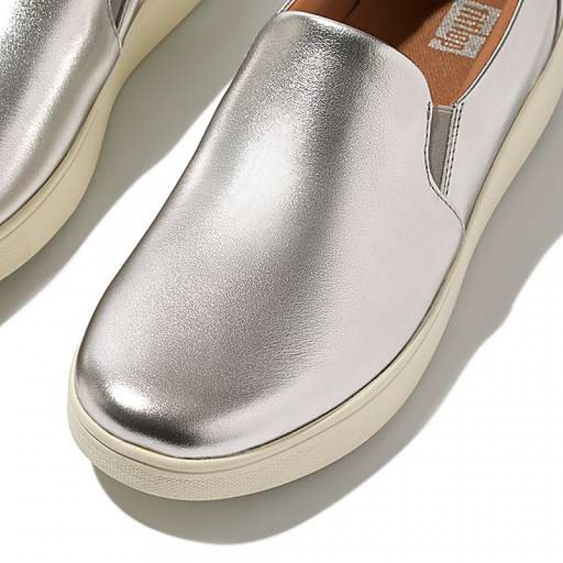 Brown Women's FitFlop RALLY Metallic-Leather Slip-On Skate Sneakers | 3186-YJOVC