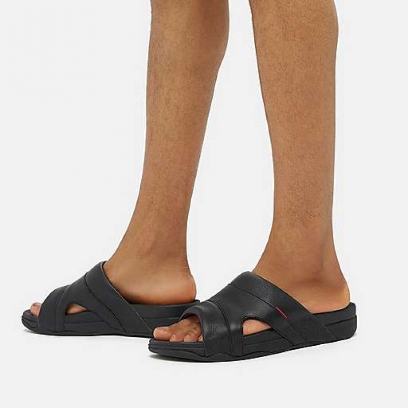 Grey Men's FitFlop FREEWAY Leather Pool Slides | 2974-QHCGO