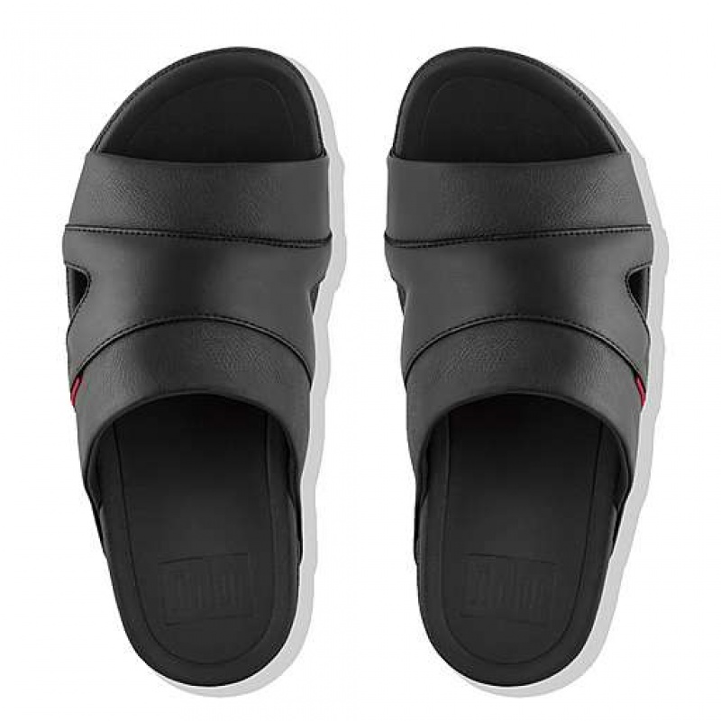 Grey Men's FitFlop FREEWAY Leather Pool Slides | 2974-QHCGO