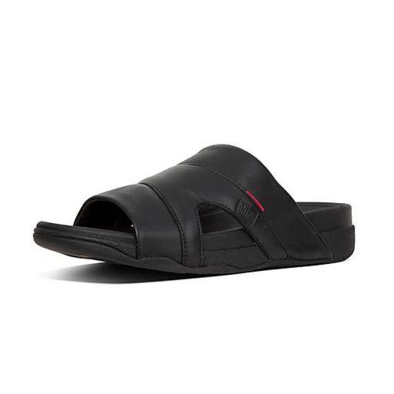 Grey Men's FitFlop FREEWAY Leather Pool Slides | 2974-QHCGO