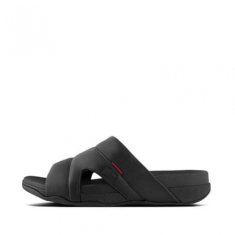 Grey Men\'s FitFlop FREEWAY Leather Pool Slides | 2974-QHCGO