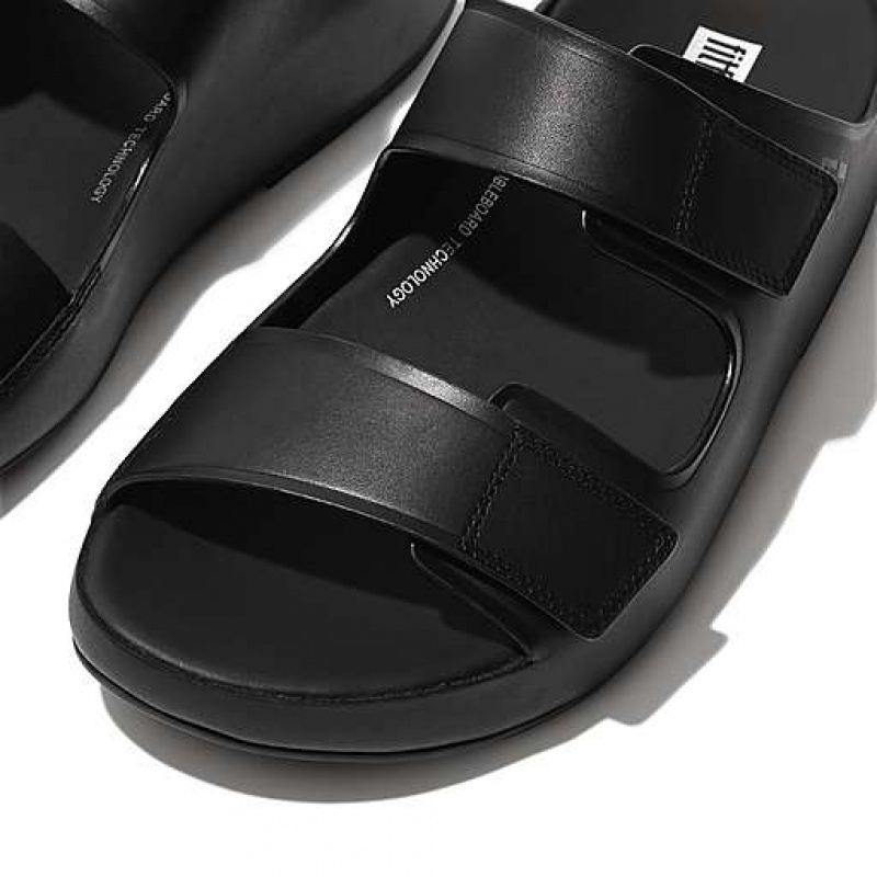 Grey Men's FitFlop SAMEL Adjustable Leather Slides | 9561-PDJZS