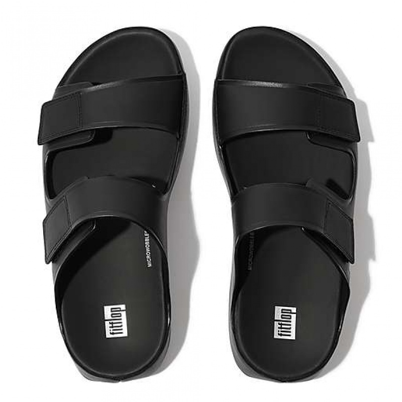 Grey Men's FitFlop SAMEL Adjustable Leather Slides | 9561-PDJZS