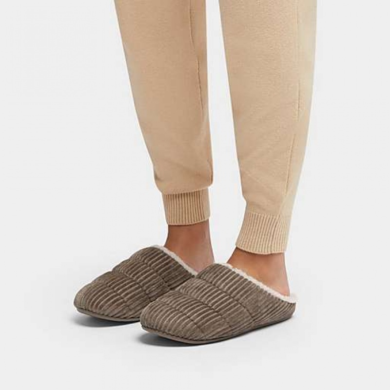 Grey Women's FitFlop CHRISSIE Biofleece-Lined Corduroy Slippers | 1738-IMCSA