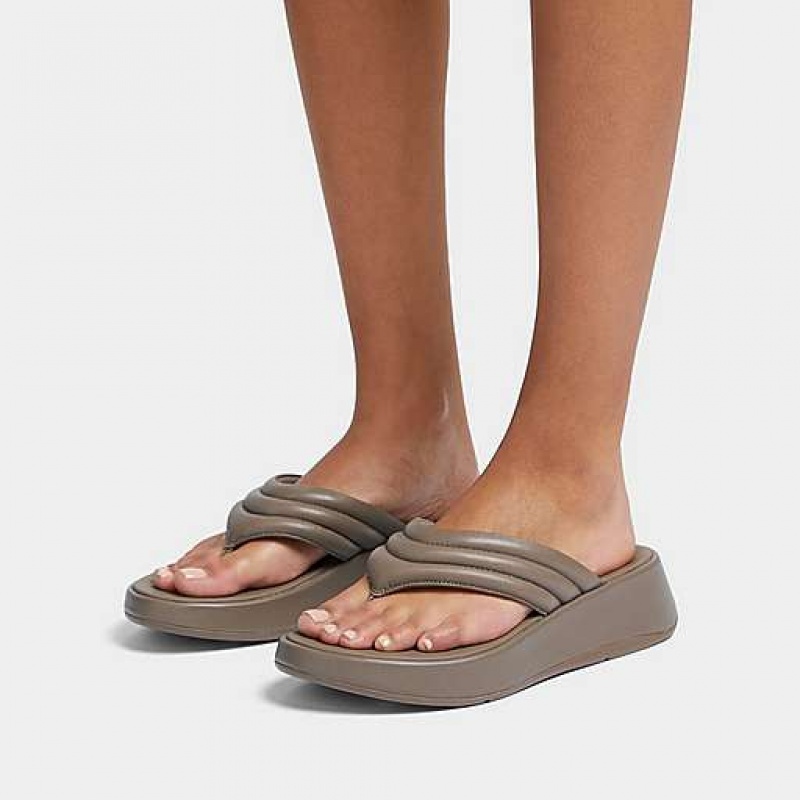 Grey Women's FitFlop F-MODE Padded Leather Flatform Toe-Post Sandals | 6403-OSBZY