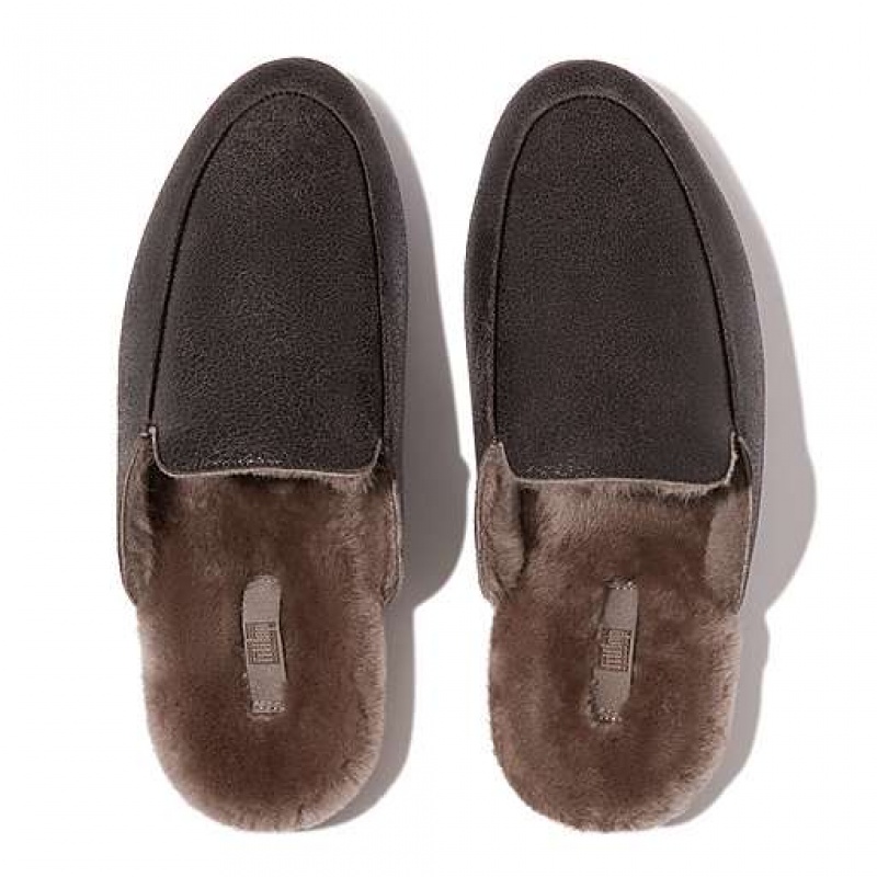 Khaki Women's FitFlop GRACIE Double-Faced Shearling Leather Slippers | 7908-JVYUL