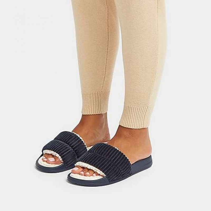 Metal / Black Women's FitFlop IQUSHION Biofleece-Lined Corduroy Slides | 1094-FMEKX