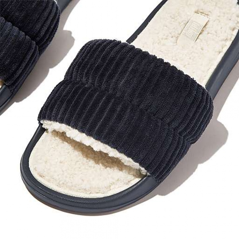 Metal / Black Women's FitFlop IQUSHION Biofleece-Lined Corduroy Slides | 1094-FMEKX