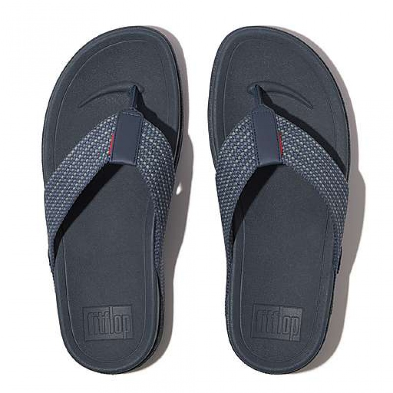 Metal / Stripes / Black Men's FitFlop SURFER Weave-Stripe Toe-Post Sandals | 7820-WVKMT