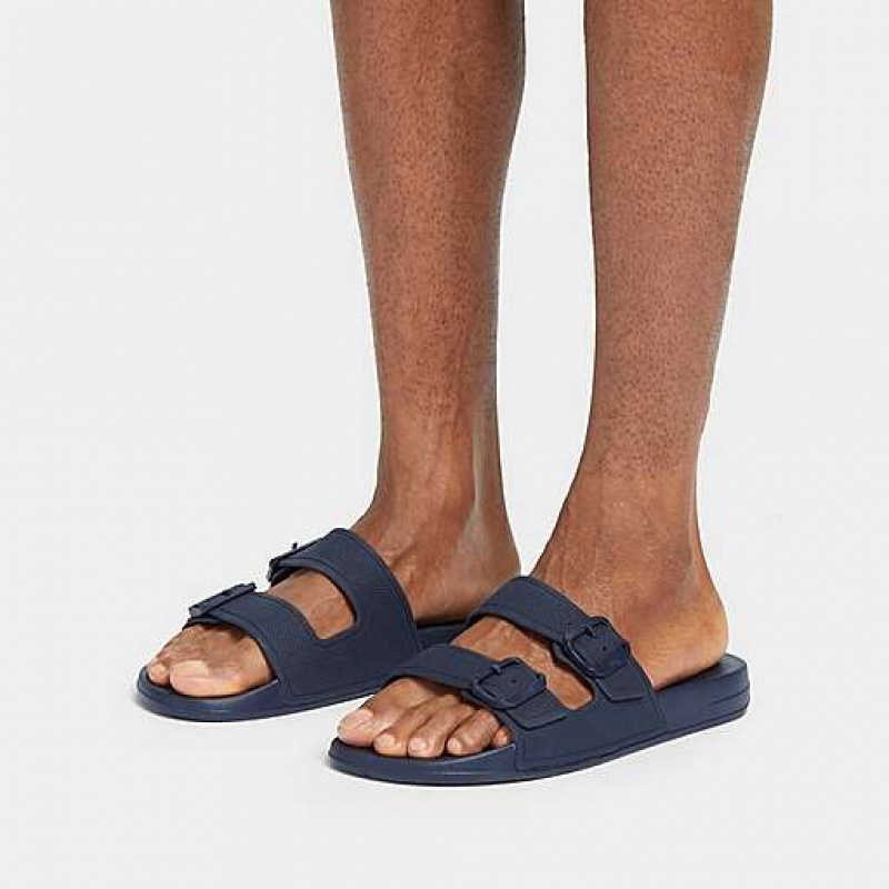 Navy Men's FitFlop IQUSHION IQUSHION Two-Bar Buckle Slides | 7469-BSHLE