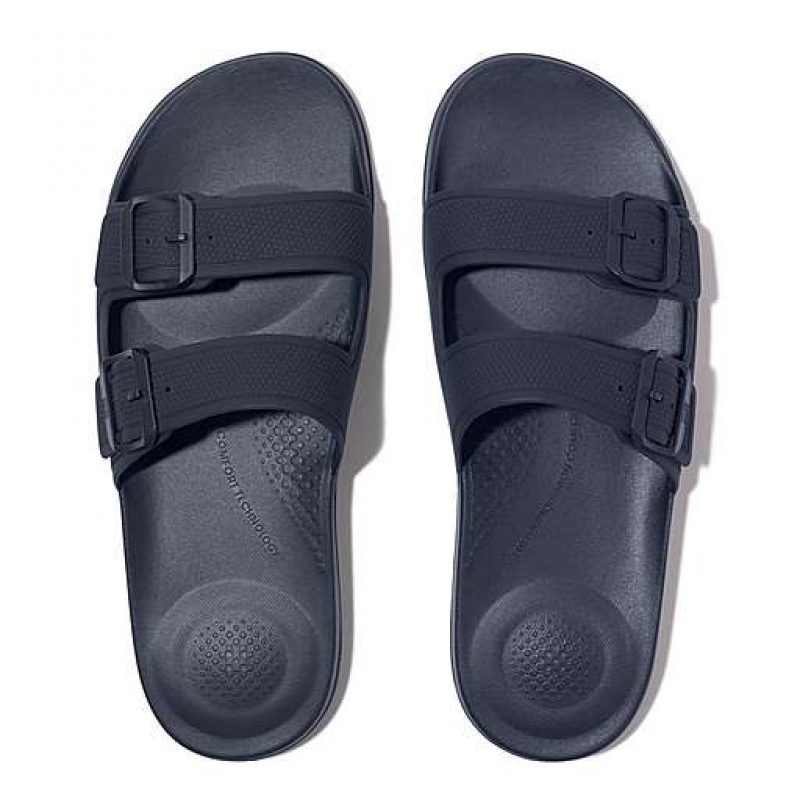 Navy Men's FitFlop IQUSHION IQUSHION Two-Bar Buckle Slides | 7469-BSHLE