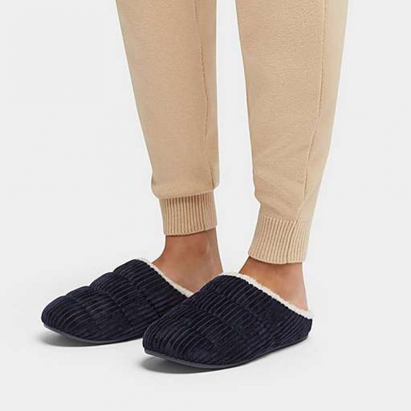 Navy Women's FitFlop CHRISSIE Biofleece-Lined Corduroy Slippers | 4159-HIXWL