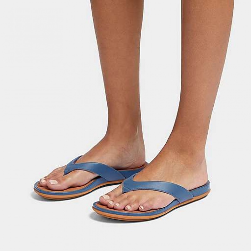 Navy Women's FitFlop GRACIE Leather Flip Flops | 1348-VMYDG