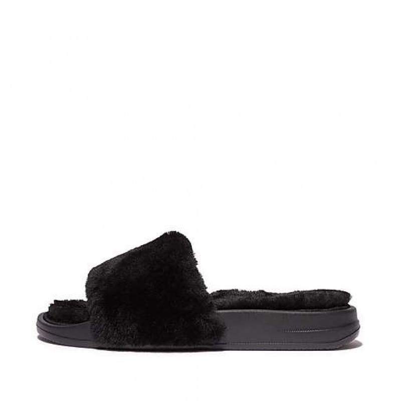 Navy Women\'s FitFlop IQUSHION Shearling Slides | 2976-LUNGE