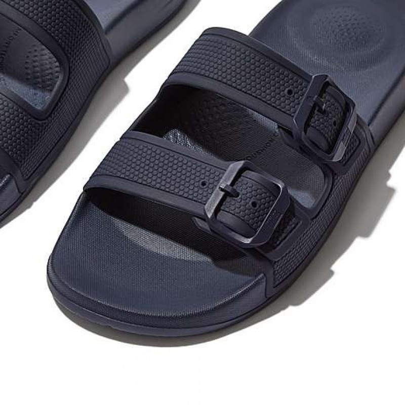 Navy Women's FitFlop IQUSHION Two-Bar Buckle Slides | 9406-RVDYJ