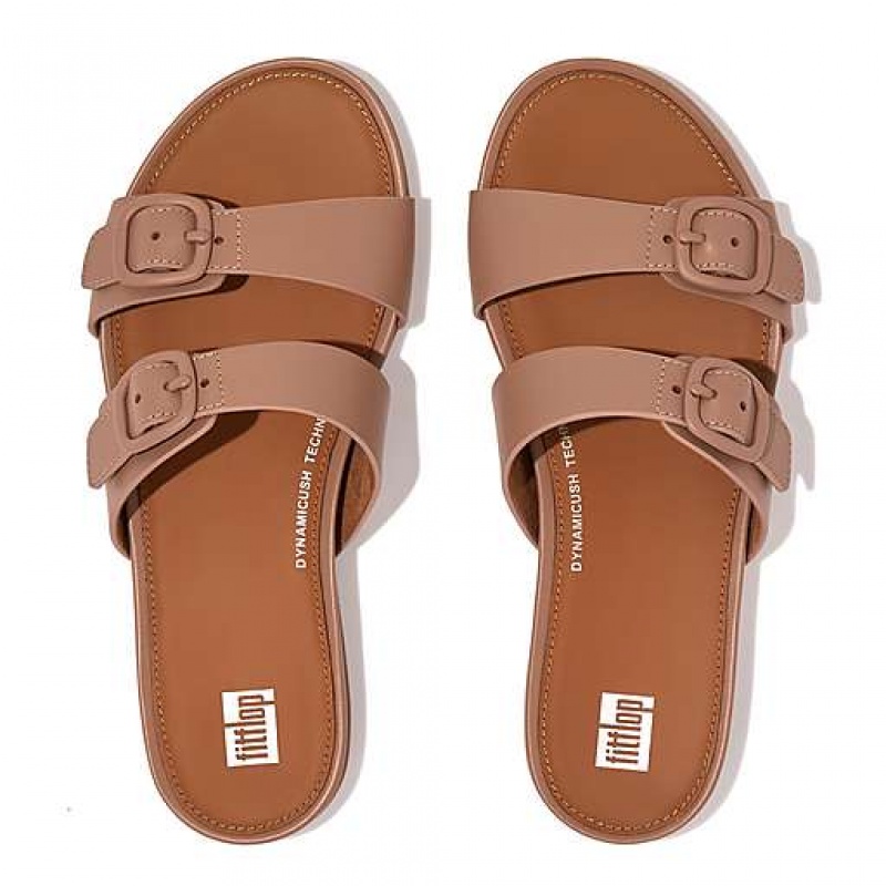 Pink Women's FitFlop GRACIE Buckle Two-Bar Leather Slides | 5649-SIQAM