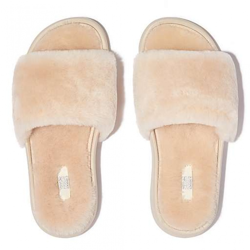 Silver Women's FitFlop IQUSHION Shearling Slides | 0852-TQWSY