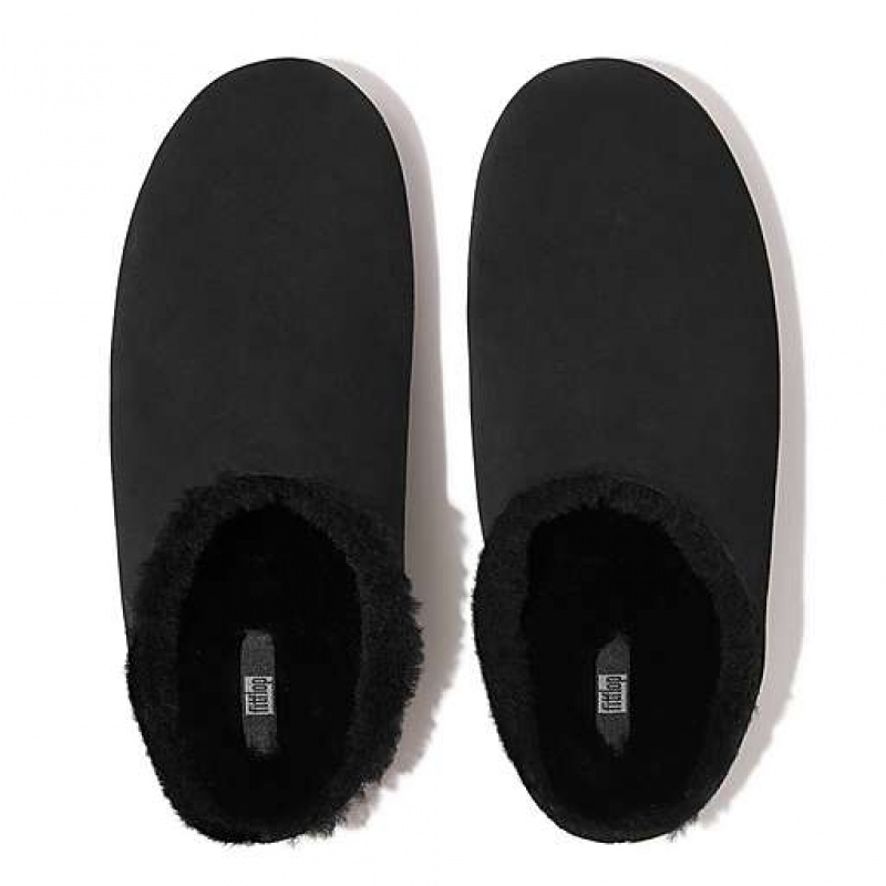 White Men's FitFlop SHOVE Shearling-Lined Suede Slippers | 6015-ZIBOT