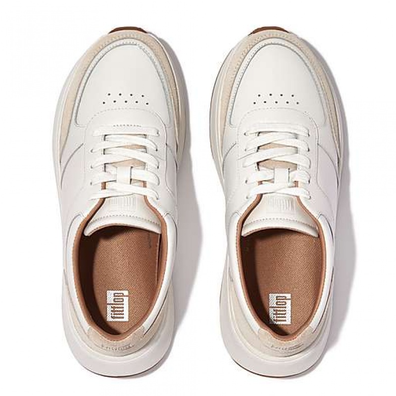 White Women's FitFlop F-MODE Leather/Suede Flatform Sneakers | 8371-RJUEQ