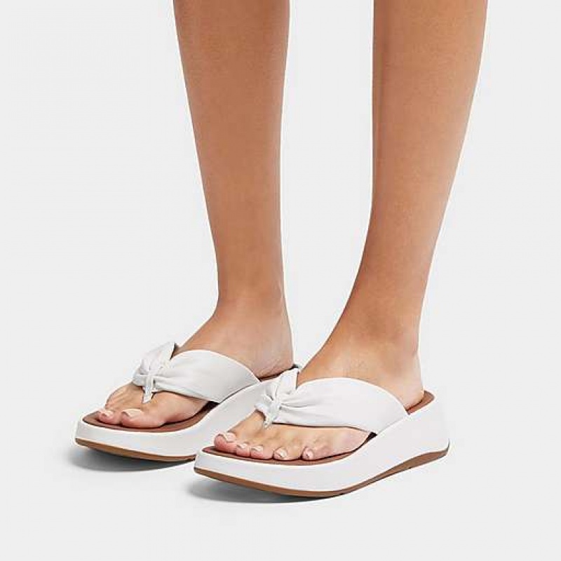 White Women's FitFlop F-MODE Leather-Twist Flatform Toe-Post Sandals | 8790-MDUZG