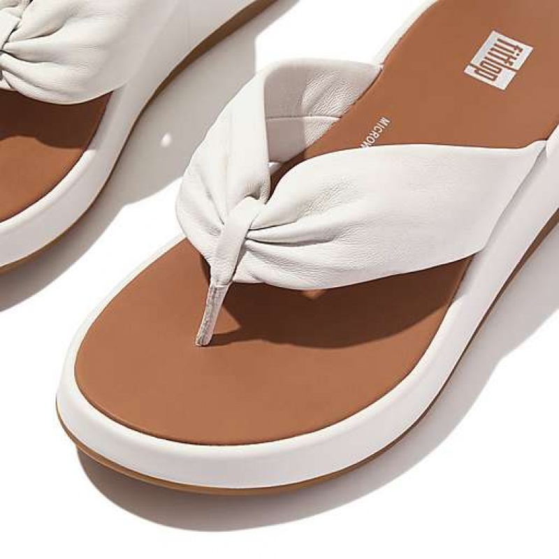 White Women's FitFlop F-MODE Leather-Twist Flatform Toe-Post Sandals | 8790-MDUZG