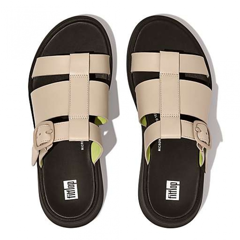 White Women's FitFlop F-MODE Neon-Pop Leather Flatform Fisherman Slides | 1749-MVEPG