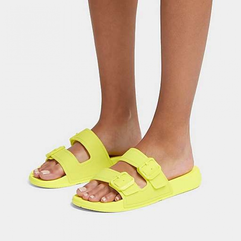 White Women's FitFlop IQUSHION Glow-In-The-Dark Two-Bar Buckle Slides | 5039-MXUVD