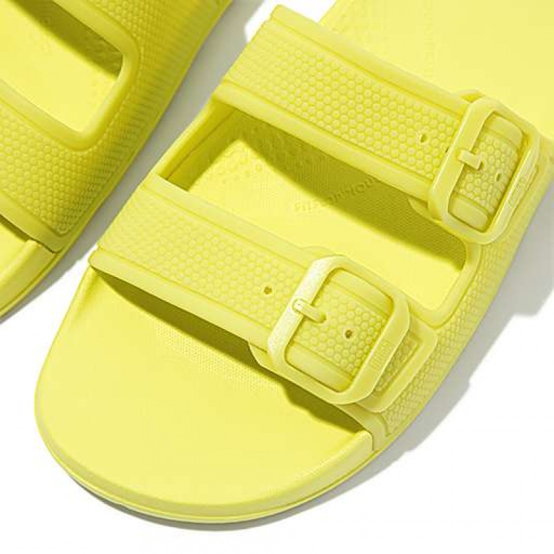 White Women's FitFlop IQUSHION Glow-In-The-Dark Two-Bar Buckle Slides | 5039-MXUVD